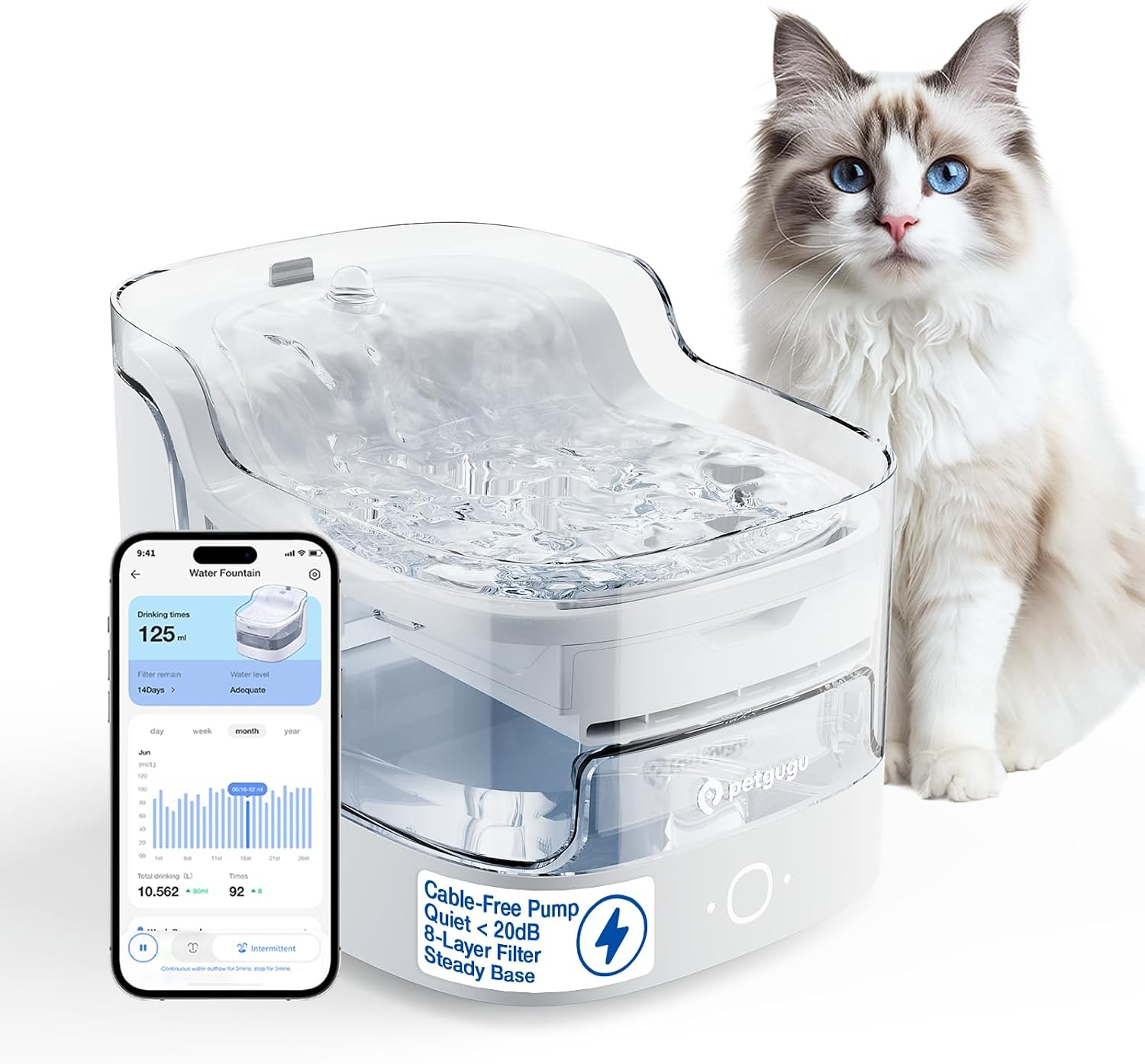Fuente de agua para gatos de 2L/68 oz Fuente inalámbrica