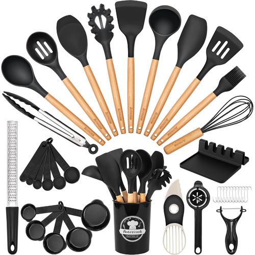 Set 39 Utensilios Silicona con Mango de Madera 230 °C
