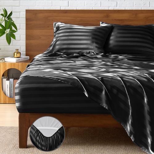 Juego Sábanas Queen 4 Piezas Satén Jacquard Negro