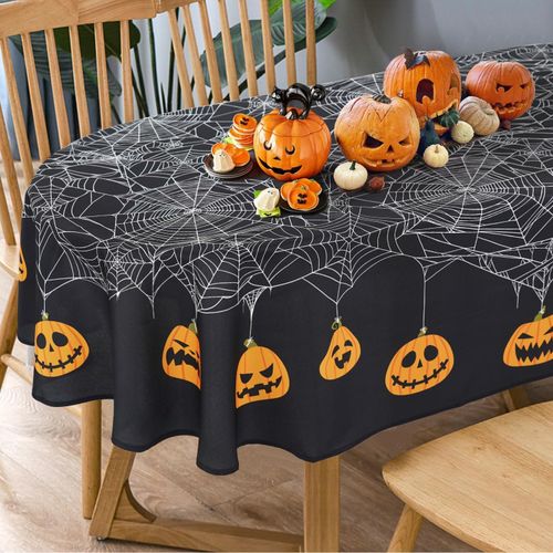 Mantel ovalado de Halloween con diseño de tela de araña de calabaza