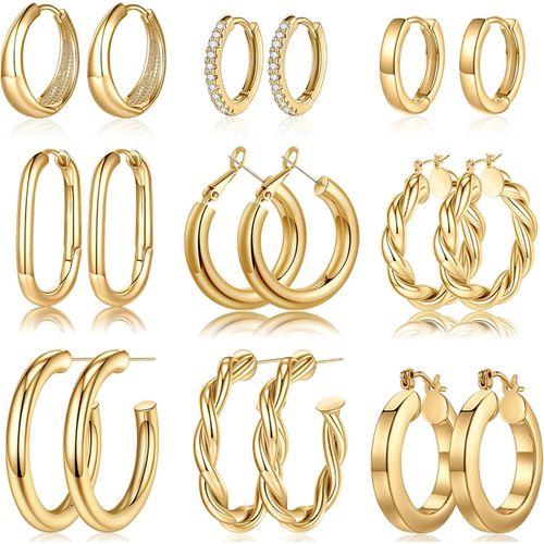Set 9 Pares Arracadas Mujer Chapadas en Oro 14K
