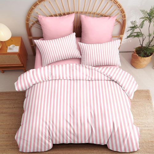 Funda Nórdica King 3 Piezas Microfibra Rayas Rosa y Blanco