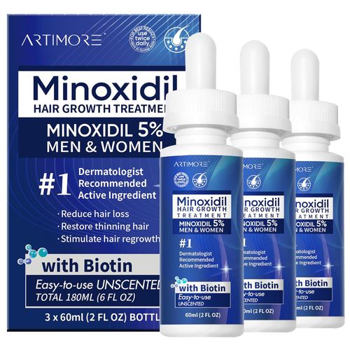 Suero para el crecimiento de cabello de minoxidil al 5% para hombres y mujeres con biotina