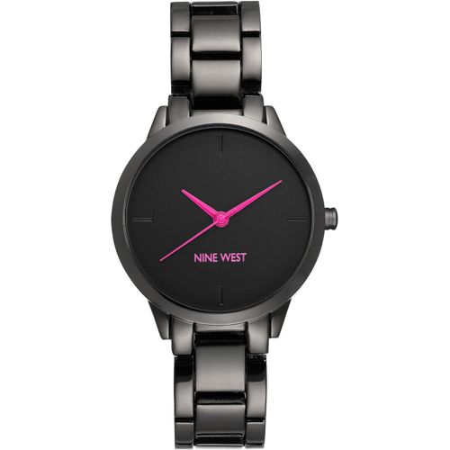 Nine West Reloj para Mujer Gris Oscuro con Esfera Negra y Detalles Morados