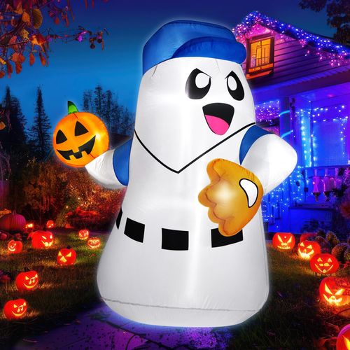 Jarra de fantasma inflable de Halloween de 5 pies con béisbol de calabaza