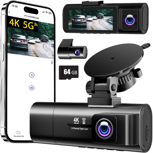 Cámara para Auto de 3 Canales 4K con Wi-Fi y Tarjeta 64 GB