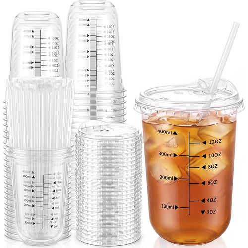 Juego de 50 Vasos PET de 473 ml con Tapas y Pajitas