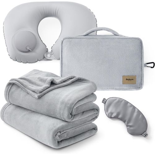 Kit de Viaje con Manta, Almohada y Antifaz, Gris