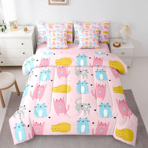 Juego de Cama Infantil de 7 Piezas con Diseño de Gatitos