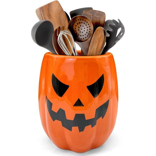 Soporte de cerámica para utensilios de calabaza de Halloween