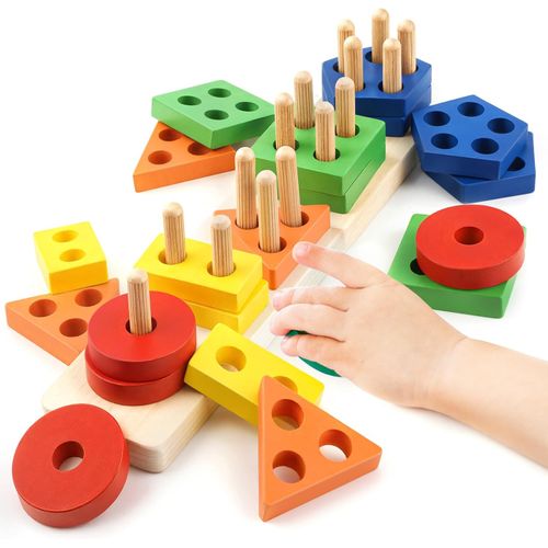 Juguete Montessori de Madera 20 Piezas Apilables 5 Formas y Colores