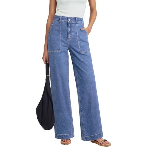 Jeans para Mujer Cintura Alta Pierna Ancha Bicolor