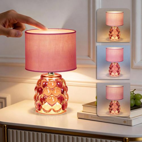 Lámpara de Mesa LED Rosa Recargable con Base de Vidrio 3 Tonos