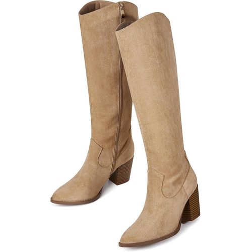 Botas altas hasta la rodilla para mujer, botas puntiagudas de gamuza con tacón grueso