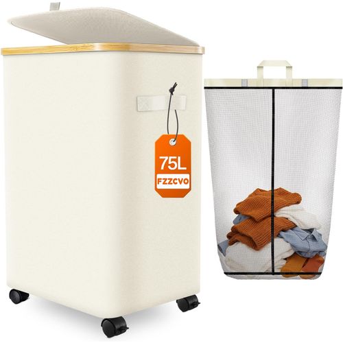 Cesta de lavandería con ruedas, cesta de lavandería enrollable de 75L