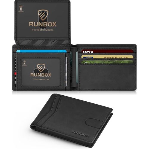 Cartera para hombres, delgada, RFID, de cuero, con 2 ventanas para identificación