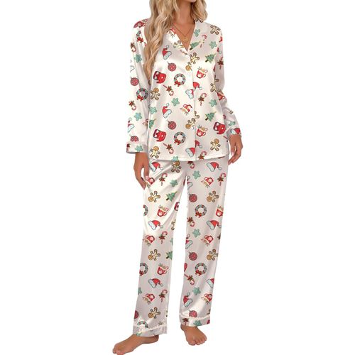 Pijama de Satén para Mujer 2 Piezas con Encaje y Botones