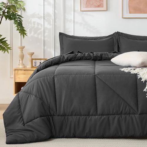 Juego de edredón Queen, cama acolchada en una bolsa de 7 piezas, gris oscuro