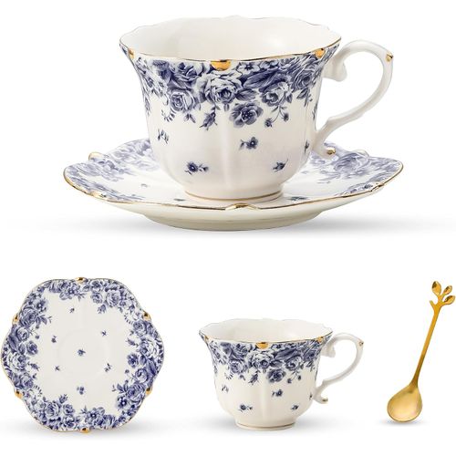 Juego de Taza y Platillo de Porcelana Floral Vintage Azul