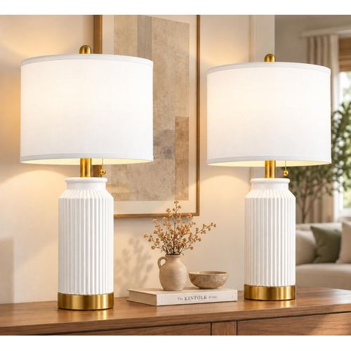 Juego de 2 Lámparas de Mesa de Cerámica 62 cm Blancas y Doradas